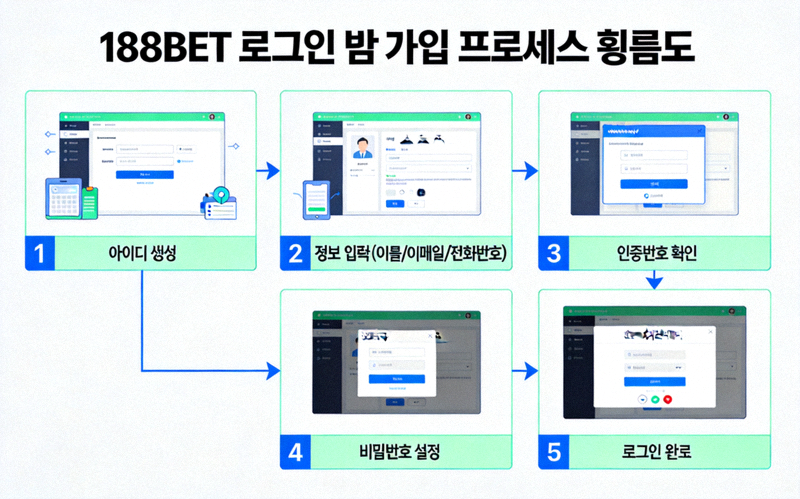 188BET 로그인 및 가입 프로세스 흐름도 - 아이디 생성부터 로그인 완료까지의 단계