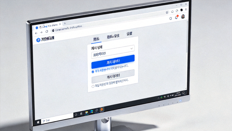 브라우저 설정 화면에서 캐시 삭제 옵션을 보여주는 컴퓨터 모니터