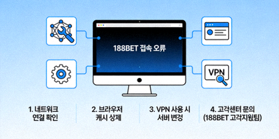 188BET 접속 오류 화면과 해결 방법을 보여주는 컴퓨터 모니터 및 도구 아이콘