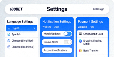 188BET 웹사이트와 앱의 언어, 알림, 결제 설정 메뉴를 조정하는 사용자 인터페이스 화면