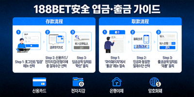 188BET에서 안전하게 입금과 출금을 하는 방법을 보여주는 그래픽과 결제 수단 아이콘