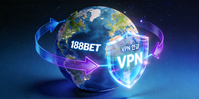 VPN 연결을 통해 안전하게 188BET에 접속하는 개념을 나타내는 지구본과 보안 쉴드 그래픽